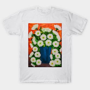 Some beautiful white carnations bursting out of this metallic blue vase T-Shirt